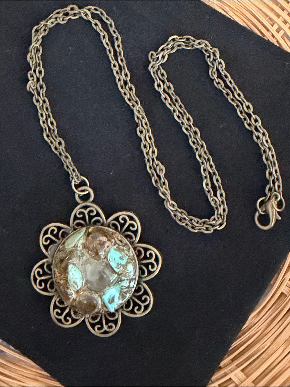 Turquoise & Amber Healing Amulet in bronze setting